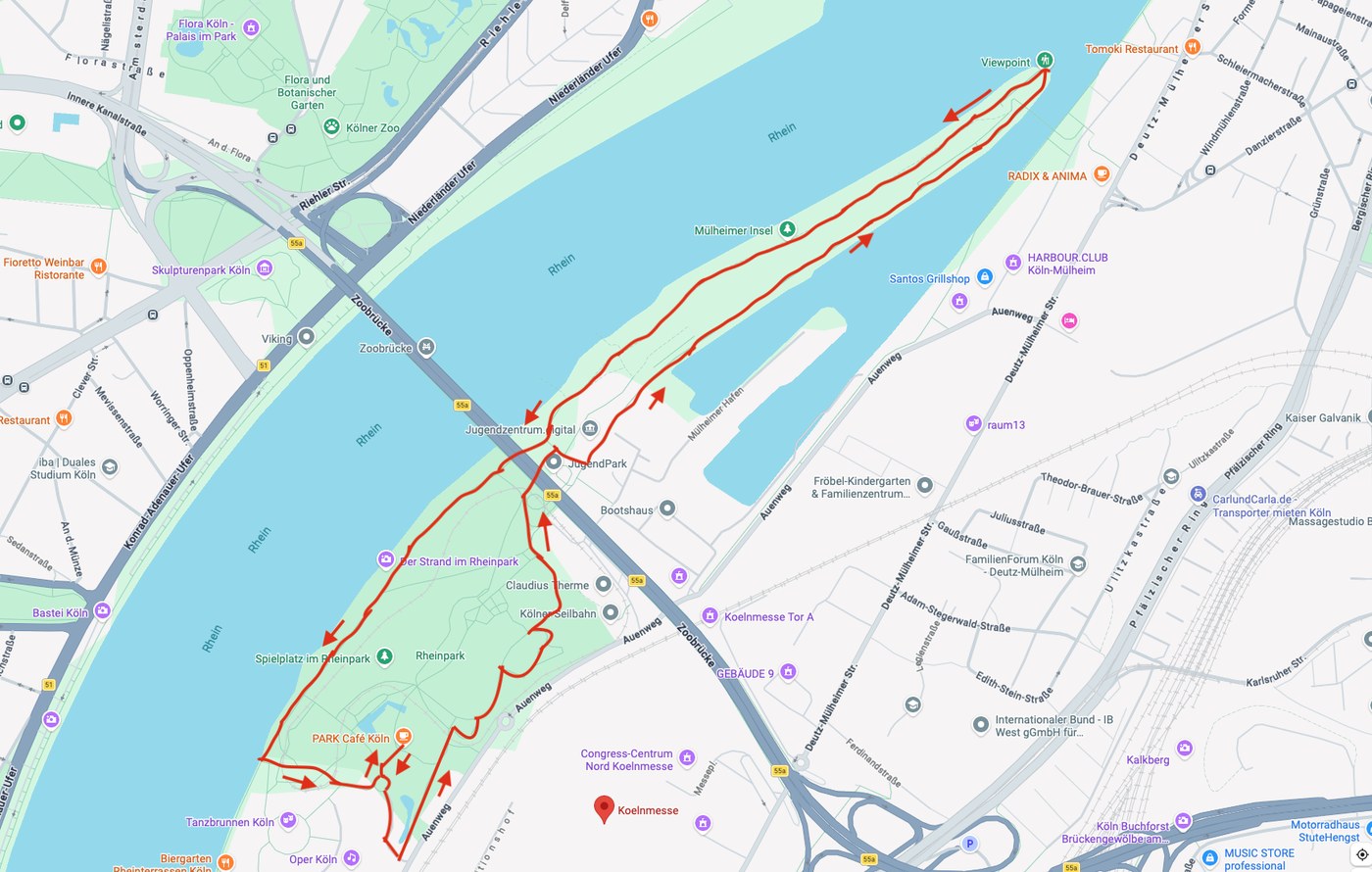 Streckenkarte: Rundkurs vom PARK Café durch den Rheinpark Köln-Deutz über den Jugendpark bis zur Mülheimer Insel und zurück